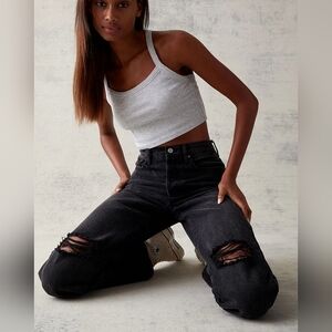 PacSun Eco Black Distressed Dad Jeans Size 25 Button Fly High Waisted Cotton
